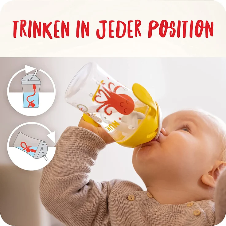 NUK Motion Cup Trinklernbecher | 230ml | auslaufsicherer, weicher Strohhalm | ergonomisch geformte Griffe | 8+ Monate | BPA frei | Gelb – Bild 2
