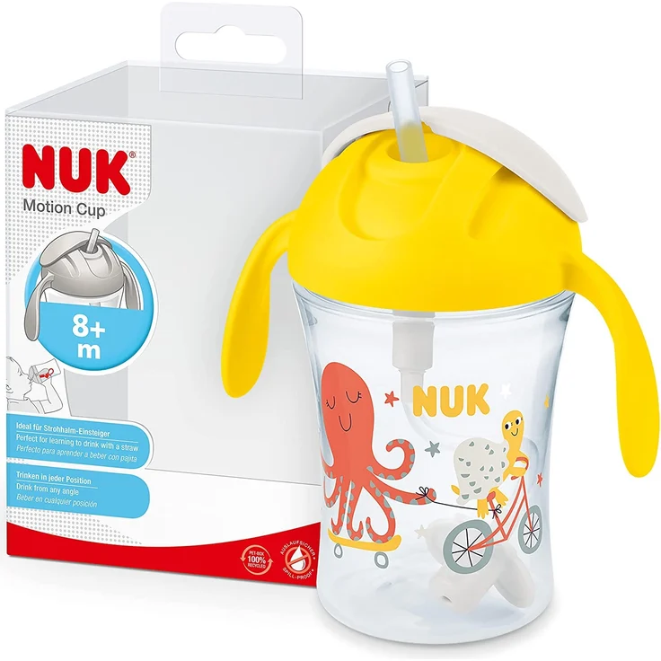 NUK Motion Cup Trinklernbecher | 230ml | auslaufsicherer, weicher Strohhalm | ergonomisch geformte Griffe | 8+ Monate | BPA frei | Gelb – Bild 1