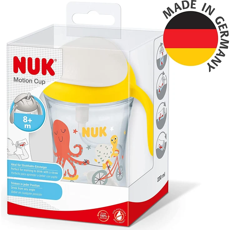 NUK Motion Cup Trinklernbecher | 230ml | auslaufsicherer, weicher Strohhalm | ergonomisch geformte Griffe | 8+ Monate | BPA frei | Gelb – Bild 6