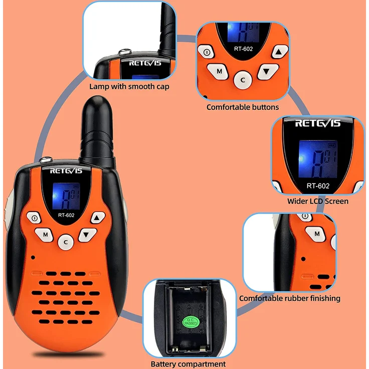 Retevis RT602 Walkie Talkie Kinder 8 Kanäle PMR446 Kinder Funkgeräte mit wiederaufladbare Akkus Taschenlampe VOX LCD-Display Spielzeug Spy-Gear Geschenke für Kinder (1 Paar, Orange) – Bild 5