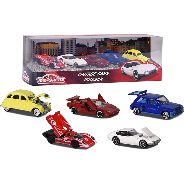 Majorette Vintage 5er-Geschenkset, Spielzeugautos mit Freilauf aus Metall, Vintage-Versionen von Ford, Porsche, Renault und VW, bewegliche Teile, 7,5 cm – Bild 1