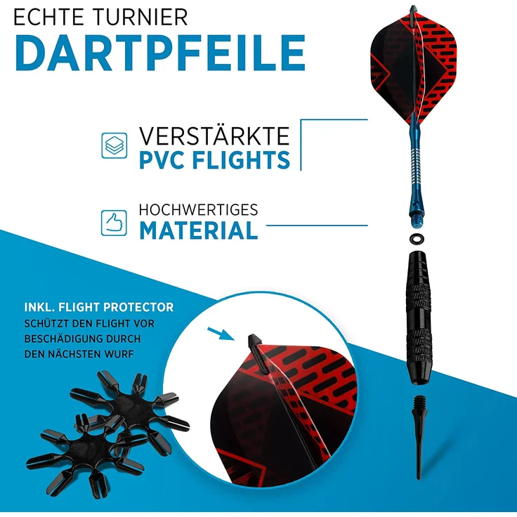 DartPro Dartpfeile mit Kunststoffspitze – 12 Dartpfeile für elektronische Dartscheibe [18g] – Softdarts Set [inkl. 6 Alu Dart Schaft + 21 Dart Flights] - Preisvergleich – Bild 4