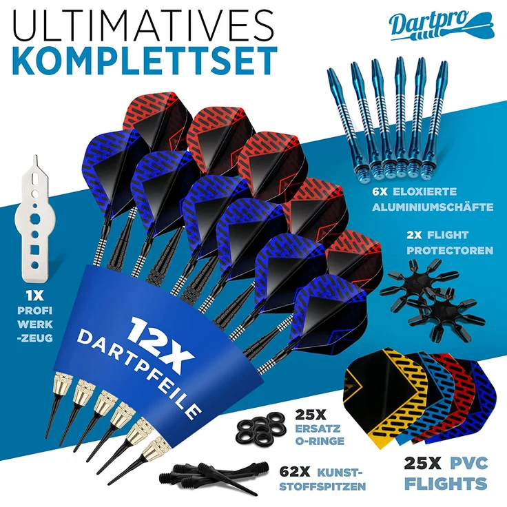 DartPro Dartpfeile mit Kunststoffspitze – 12 Dartpfeile für elektronische Dartscheibe [18g] – Softdarts Set [inkl. 6 Alu Dart Schaft + 21 Dart Flights] - Preisvergleich – Bild 2