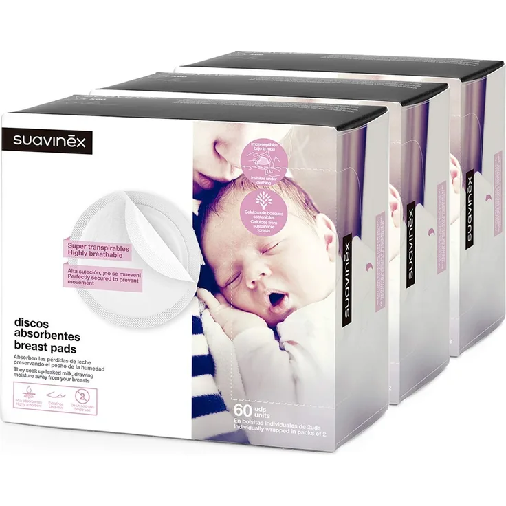 SUAVINEX Packung 3 x 60 Einweg-Stilleinlagen, Super atmungsaktiv und saugfähig. Nicht wahrnehmbar auf der Kleidung, 180 Stilleinlagen, 307301, weiß, 180 unidades