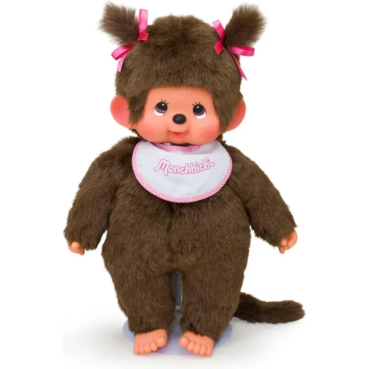 Sekiguchi 255530 - Original Monchhichi Mädchen, aus braunem Plüsch, mit pinkem Lätzchen und Zöpfen mit Schleifen, ca. 45 cm
