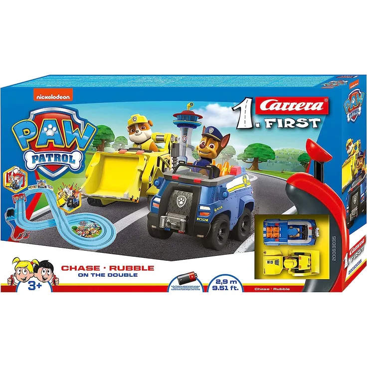Carrera FIRST PAW PATROL On the Double 2,4m Rennstrecken-Set | 2 ferngesteuerte Fahrzeuge mit Chase und Rubble | mit Handregler & Streckenteilen | Spielzeug für Kinder ab 3 Jahren