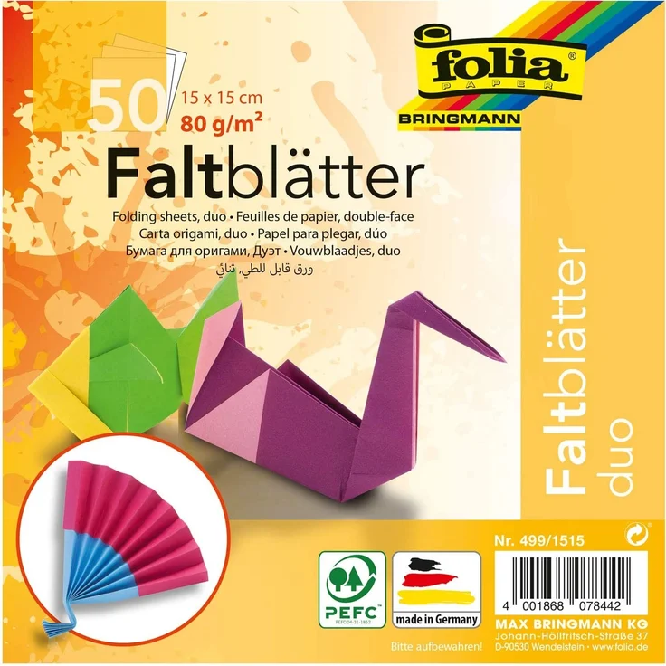 folia 499/1515 - Faltblätter Duocolor, 15 x 15 cm, 80 g/qm, 50 Blatt sortiert in 10 farblich aufeinander abgestimmten Vorder- und Rückseiten - ideal für wunderschöne Faltfiguren und -formen – Bild 1