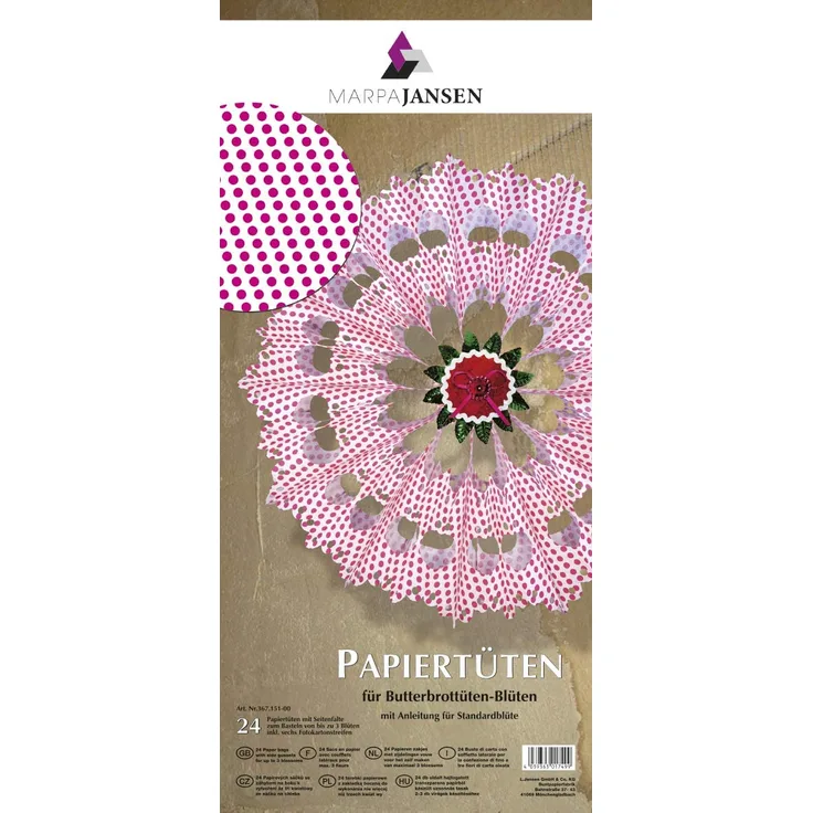MarpaJansen Papiertüten für Deko-Sterne/Blüten - Bastelset - Butterbrottüten - (10 x 22 cm, 24 Stück) - inkl. Bastelanleitung - Punkte Magenta
