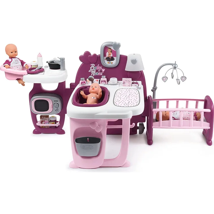 Smoby 'Baby Nurse Puppen-Spielcenter', mit Puppenbett, Badewanne, Spielküche, Wickeltisch, viel Zubehör, Kinder ab 3 Jahren, rosa/lila
