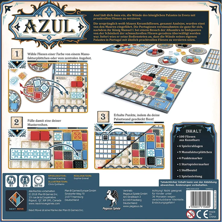 Pegasus Spiele 'Azul (Next Move Games)' Brettspiel, ab 8 Jahren, 2 - 4 Spieler, 30 - 45 min Spielzeit, Spiel des Jahres 2018 – Bild 2