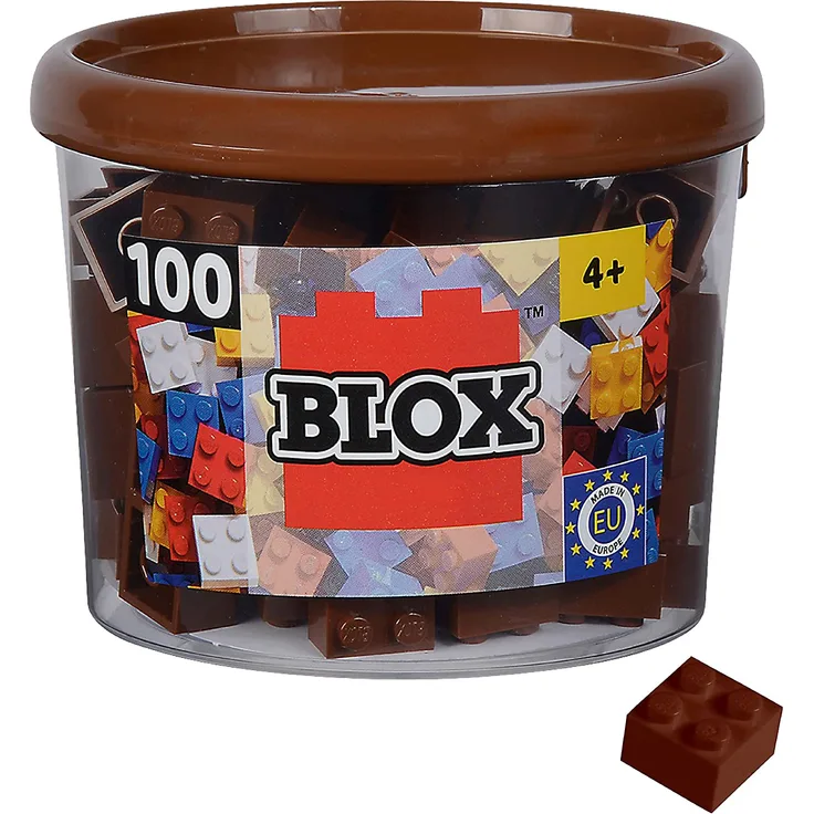 Simba 104114533 - Blox, 100 braune Bausteine für Kinder ab 3 Jahren, 4er Steine, in Dose, hohe Qualität, vollkompatibel mit vielen anderen Herstellern