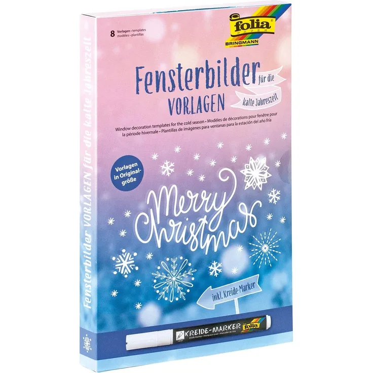 folia 39129 - Fensterbilder Vorlagen für die kalte Jahreszeit, inkl. 8 Malvorlagen und 1 Kreidemarker
