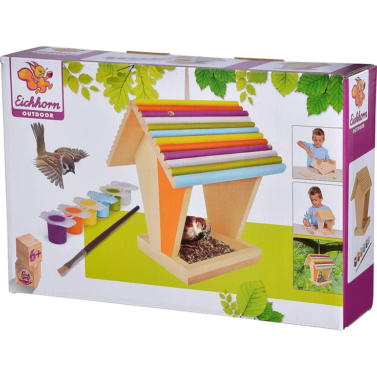 Eichhorn 100004582 Outdoor-100004582-Futterhaus aus Holz, zum Zusammenbauen und Bemalen, inkl. Pinsel und Farben, 14x14x24cm Lindenholz, DIY, Bunt – Bild 1