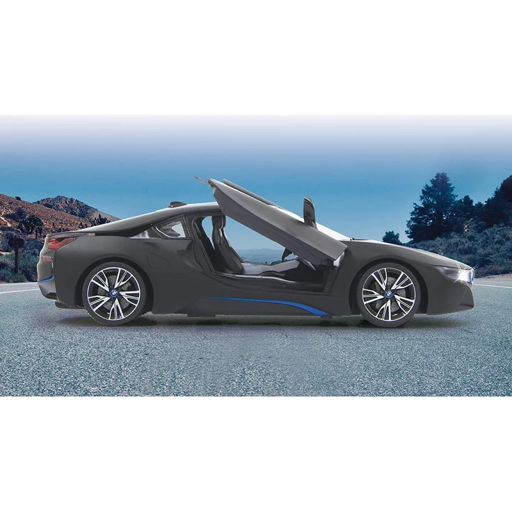 Jamara 404570 - BMW I8 1:14 schwarz Tür fernbedienbar 27Mhz - RC Auto, offiziell lizenziert, ca 1 Std Fahrzeit, ca 9 Km/h, perfekt nachgebildete Details, detaillierter Innenraum, LED Licht – Bild 2