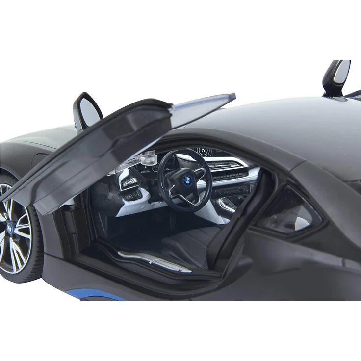 Jamara 404570 - BMW I8 1:14 schwarz Tür fernbedienbar 27Mhz - RC Auto, offiziell lizenziert, ca 1 Std Fahrzeit, ca 9 Km/h, perfekt nachgebildete Details, detaillierter Innenraum, LED Licht – Bild 3