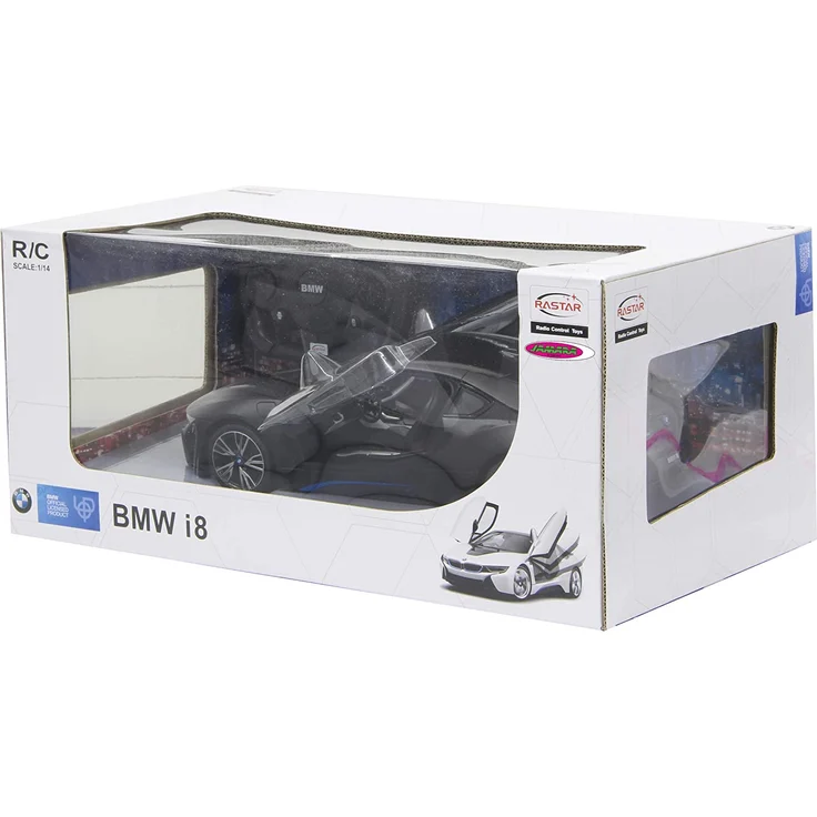 Jamara 404570 - BMW I8 1:14 schwarz Tür fernbedienbar 27Mhz - RC Auto, offiziell lizenziert, ca 1 Std Fahrzeit, ca 9 Km/h, perfekt nachgebildete Details, detaillierter Innenraum, LED Licht – Bild 7