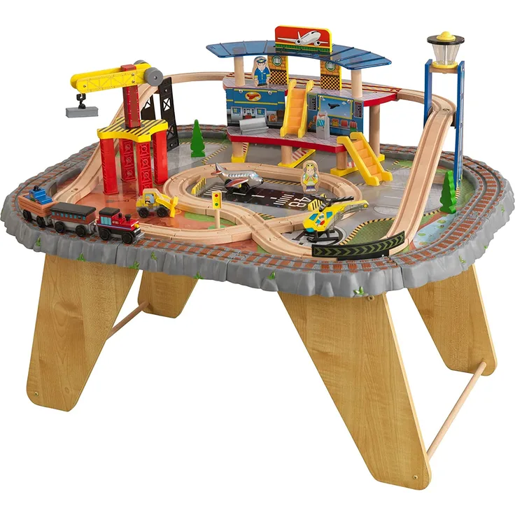 KidKraft 17564 Transportation Station Holzeisenbahn-Set & Spieltisch für Kinder mit 58 Spielteilen