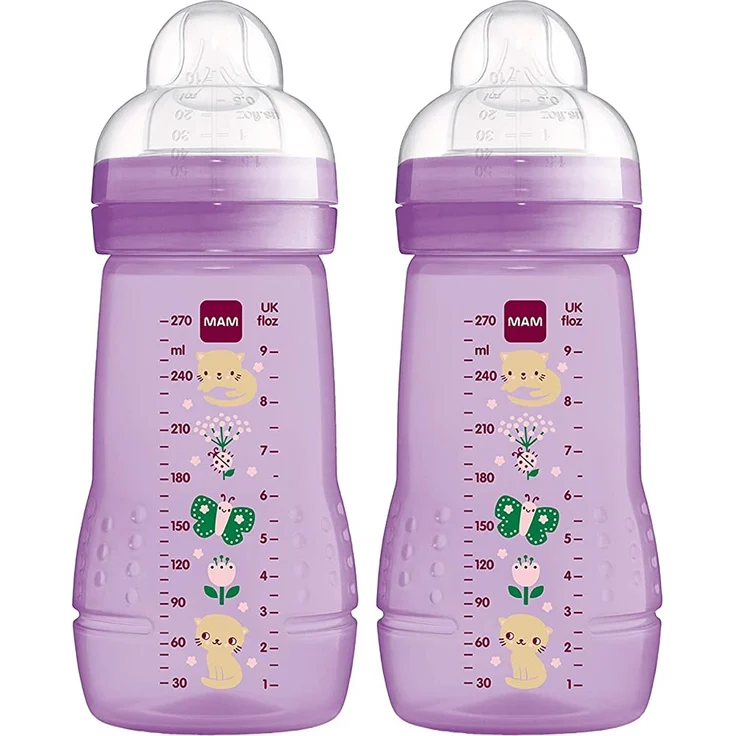 MAM Easy Active Trinkflasche im 2er-Set (270 ml), Baby Trinkflasche inklusive MAM Sauger Größe 1 aus SkinSoft Silikon, Milchflasche mit ergonomischer Form, 0+ Monate, Katze/Schmetterling – Bild 1