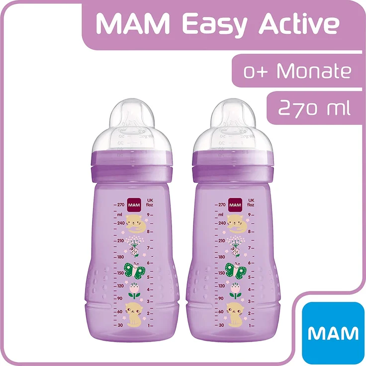 MAM Easy Active Trinkflasche im 2er-Set (270 ml), Baby Trinkflasche inklusive MAM Sauger Größe 1 aus SkinSoft Silikon, Milchflasche mit ergonomischer Form, 0+ Monate, Katze/Schmetterling – Bild 3