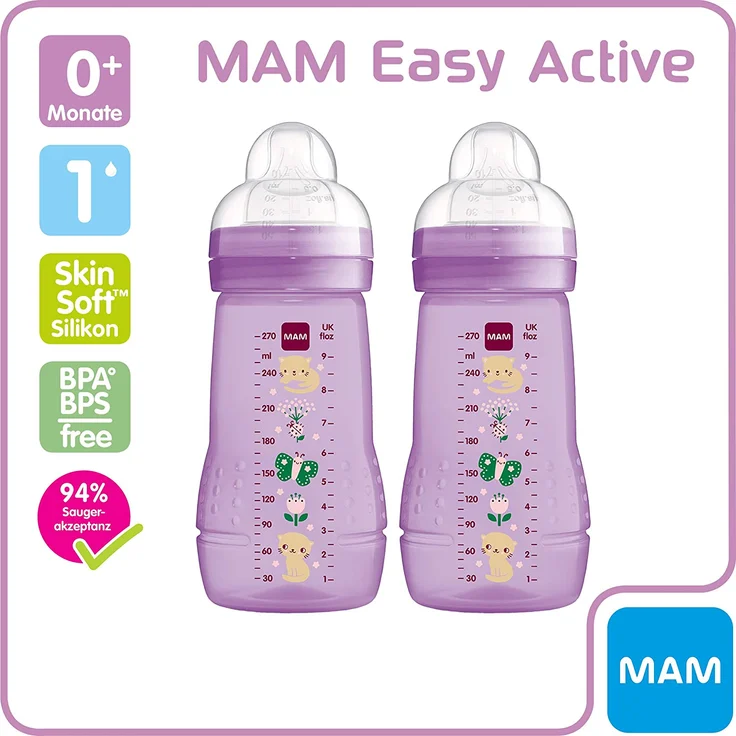 MAM Easy Active Trinkflasche im 2er-Set (270 ml), Baby Trinkflasche inklusive MAM Sauger Größe 1 aus SkinSoft Silikon, Milchflasche mit ergonomischer Form, 0+ Monate, Katze/Schmetterling – Bild 2