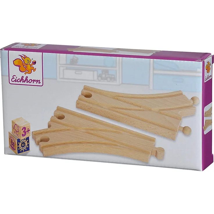 Eichhorn 100001407 - Bahn, Weichen, Abzweigung rechts und links, 2 teilig, 14,5 cm, Buchenholz