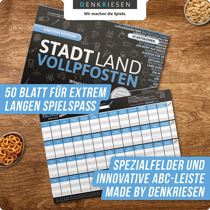 DENKRIESEN - Stadt Land VOLLPFOSTEN® - Wissen ist Macht 'Blue Edition' Offizielle Erweiterung des Klassikers - 50 Blätter - Stadt Land FLUSS NEU AUFGELEGT - XXL Block DINA3-FORMAT – Bild 4