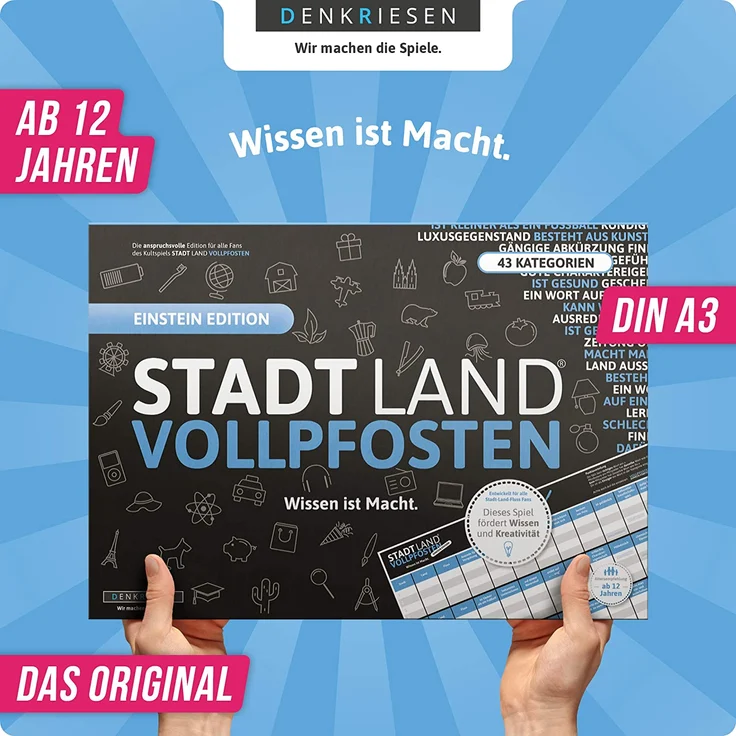 DENKRIESEN - Stadt Land VOLLPFOSTEN® - Wissen ist Macht 'Blue Edition' Offizielle Erweiterung des Klassikers - 50 Blätter - Stadt Land FLUSS NEU AUFGELEGT - XXL Block DINA3-FORMAT – Bild 2