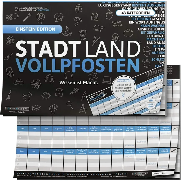 DENKRIESEN - Stadt Land VOLLPFOSTEN® - Wissen ist Macht 'Blue Edition' Offizielle Erweiterung des Klassikers - 50 Blätter - Stadt Land FLUSS NEU AUFGELEGT - XXL Block DINA3-FORMAT – Bild 1