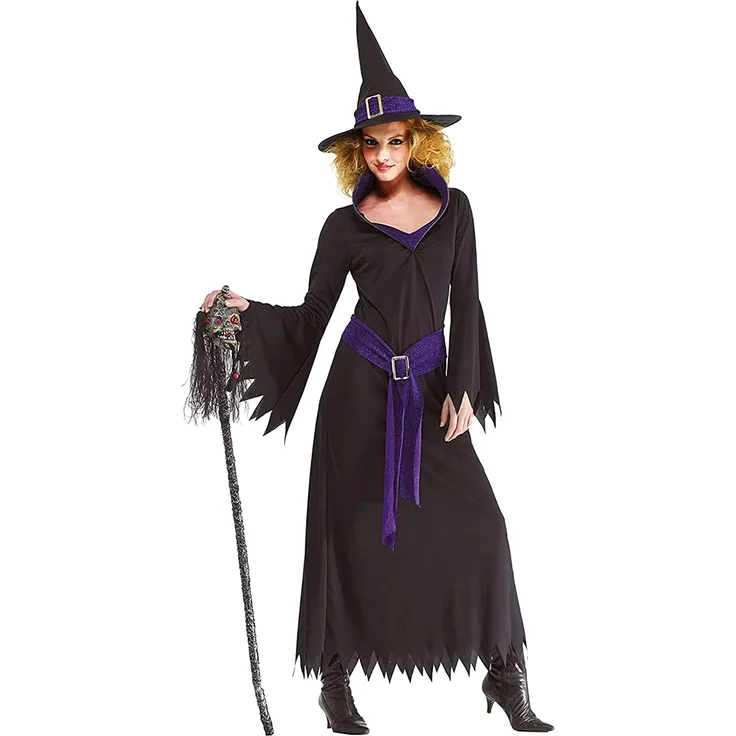 Foxxeo lila schwarzes Hexen Kostüm mit Hexenhut für Damen Fasching Karneval Halloween Größe XL