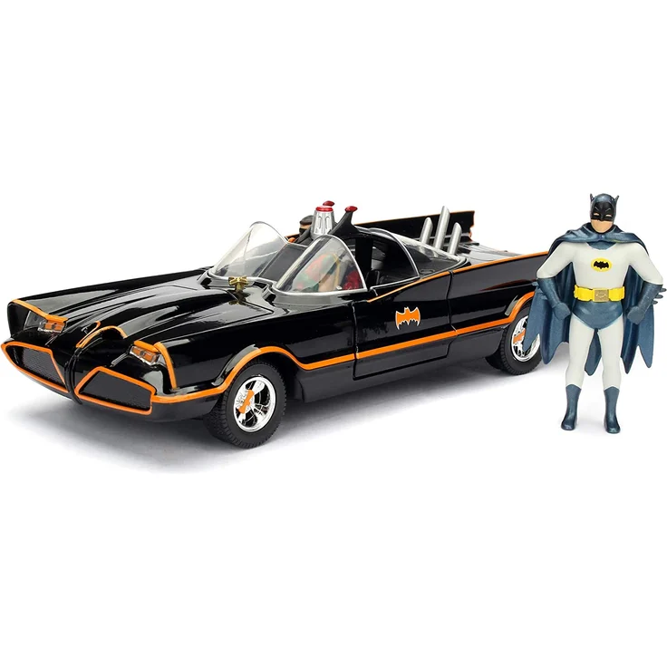 Jada Toys 253215001 Batmóvil coche Metal Serie TV Con Figura 1:24 1966 Classic Batmobil, Auto, Spielzeugauto aus Die-cast, öffnende Türen, inkl. Batman cast & Robin Figur, schwarz – Bild 1
