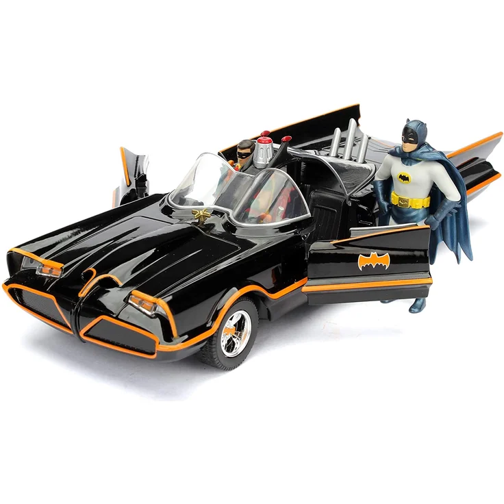 Jada Toys 253215001 Batmóvil coche Metal Serie TV Con Figura 1:24 1966 Classic Batmobil, Auto, Spielzeugauto aus Die-cast, öffnende Türen, inkl. Batman cast & Robin Figur, schwarz – Bild 3
