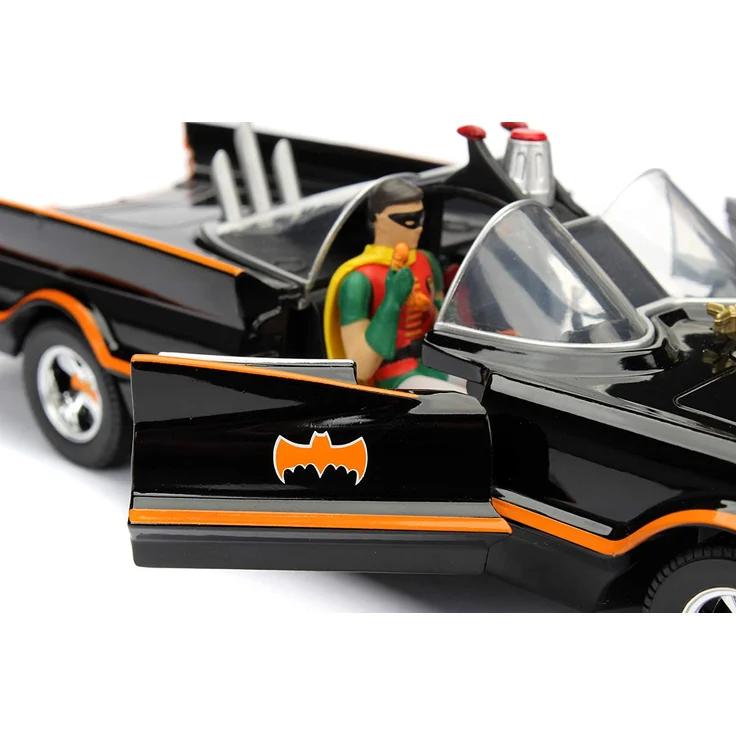 Jada Toys 253215001 Batmóvil coche Metal Serie TV Con Figura 1:24 1966 Classic Batmobil, Auto, Spielzeugauto aus Die-cast, öffnende Türen, inkl. Batman cast & Robin Figur, schwarz – Bild 5