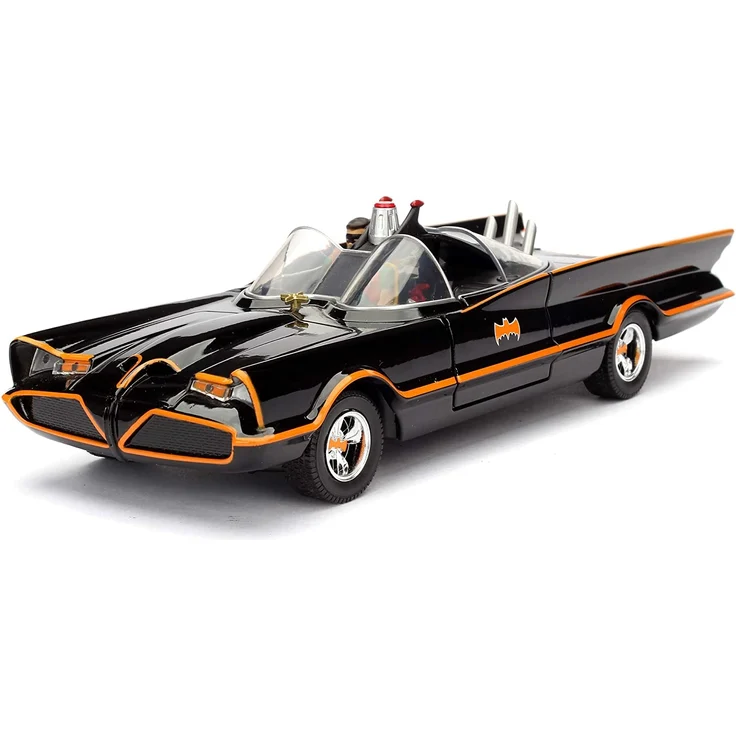 Jada Toys 253215001 Batmóvil coche Metal Serie TV Con Figura 1:24 1966 Classic Batmobil, Auto, Spielzeugauto aus Die-cast, öffnende Türen, inkl. Batman cast & Robin Figur, schwarz – Bild 2