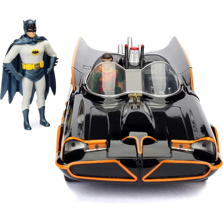 Jada Toys 253215001 Batmóvil coche Metal Serie TV Con Figura 1:24 1966 Classic Batmobil, Auto, Spielzeugauto aus Die-cast, öffnende Türen, inkl. Batman cast & Robin Figur, schwarz – Bild 4