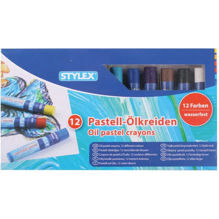 Stylex 28654 Pastell-Ölkreiden, 12 Stangen mit Papierbanderole in einer Faltschachtel, sehr farbintensiv, hohe Leuchtkraft und wasserfest, mehrfarbig, one size