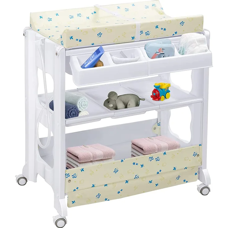 COSTWAY 2 in 1 Mobiler Wickeltisch Badewanne | Wickelkombination Wickelauflage Kommode| Wickelregal (weiss)