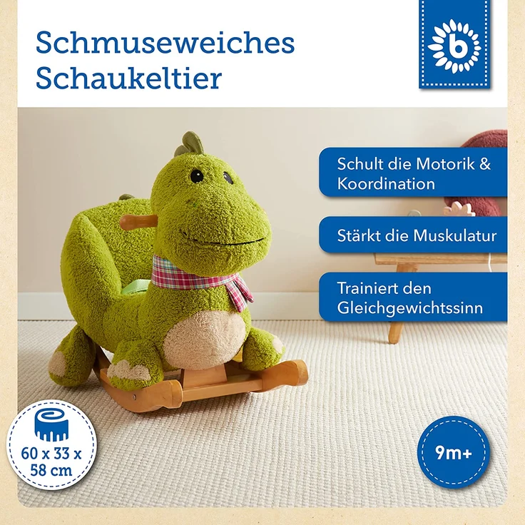 Bieco 74002110 - Plüsch Schaukeltier Dino, grün, Kinder Schaukelstuhl, Sicherheitsgurt und Rückenlehne, Plüschschaukel für Babys und Kleinkinder ca. 65 x 32 x 48 cm – Bild 2