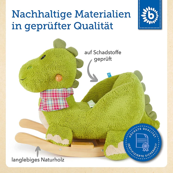 Bieco 74002110 - Plüsch Schaukeltier Dino, grün, Kinder Schaukelstuhl, Sicherheitsgurt und Rückenlehne, Plüschschaukel für Babys und Kleinkinder ca. 65 x 32 x 48 cm – Bild 6