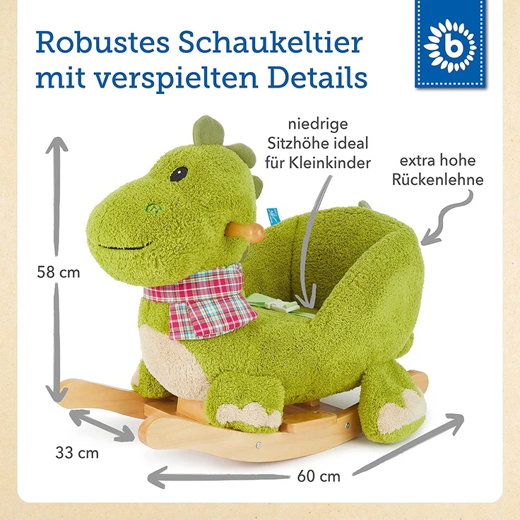 Bieco 74002110 - Plüsch Schaukeltier Dino, grün, Kinder Schaukelstuhl, Sicherheitsgurt und Rückenlehne, Plüschschaukel für Babys und Kleinkinder ca. 65 x 32 x 48 cm – Bild 5