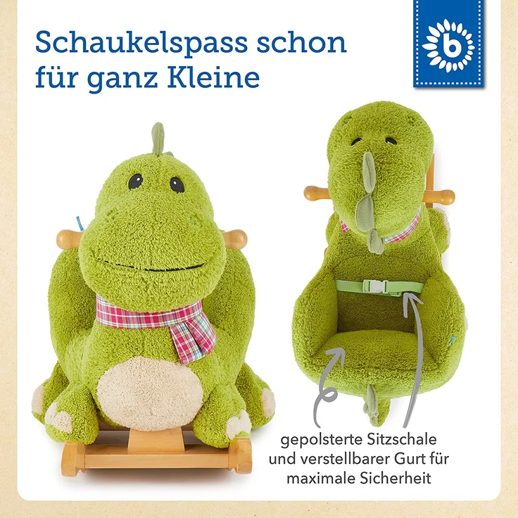 Bieco 74002110 - Plüsch Schaukeltier Dino, grün, Kinder Schaukelstuhl, Sicherheitsgurt und Rückenlehne, Plüschschaukel für Babys und Kleinkinder ca. 65 x 32 x 48 cm – Bild 3