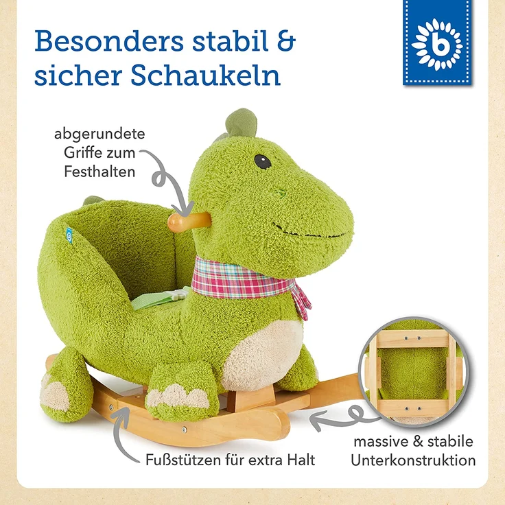 Bieco 74002110 - Plüsch Schaukeltier Dino, grün, Kinder Schaukelstuhl, Sicherheitsgurt und Rückenlehne, Plüschschaukel für Babys und Kleinkinder ca. 65 x 32 x 48 cm – Bild 4