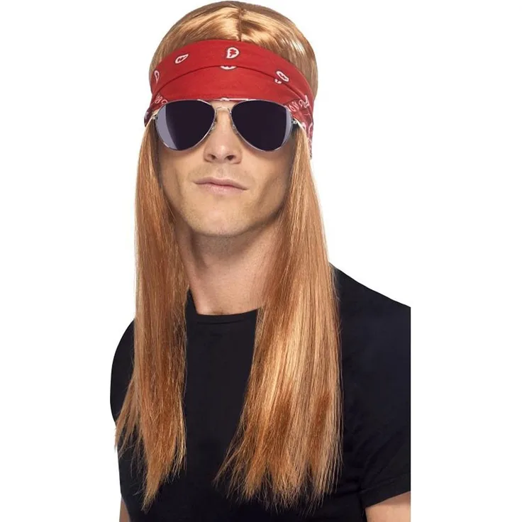 Perücke Rocker 90er Jahre Hard Rock Herren Classic Rock, inklusive Stirnband und Sonnenbrille, rot-blond, One Size