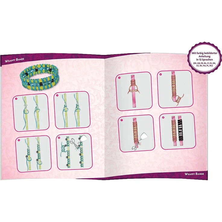 Lena 42652 Bastelset Wrappy Bands, Komplettset für mindestens 3 Wickelarmbänder mit 7 Silikonbänder in 5, Kordel in 4 Farben und 48 Fädelperlen, Schmuck Bastel Set für Kinder ab 6 Jahre, bunt – Bild 4