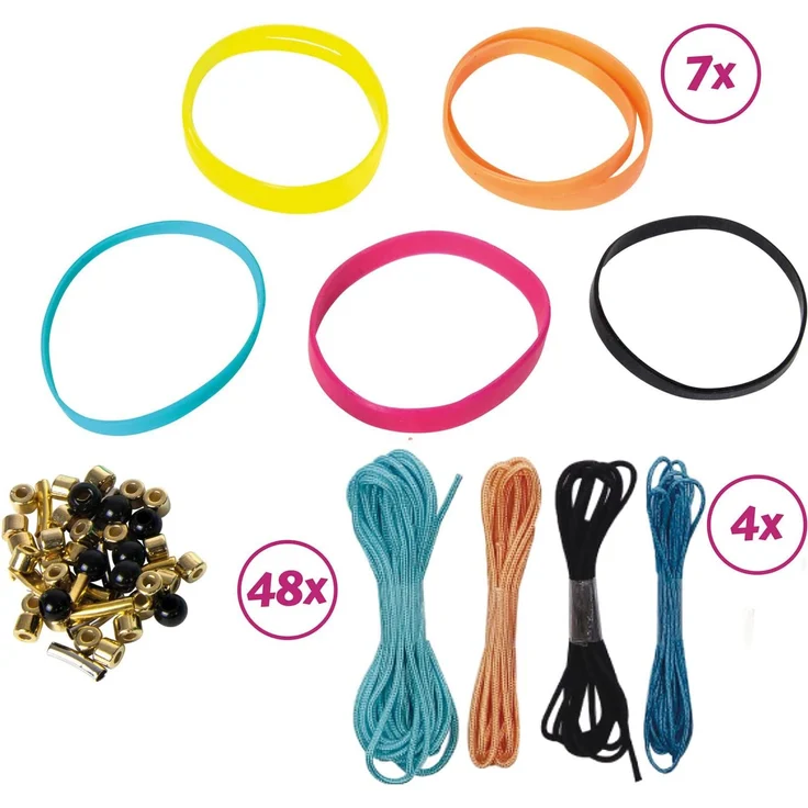Lena 42652 Bastelset Wrappy Bands, Komplettset für mindestens 3 Wickelarmbänder mit 7 Silikonbänder in 5, Kordel in 4 Farben und 48 Fädelperlen, Schmuck Bastel Set für Kinder ab 6 Jahre, bunt – Bild 2