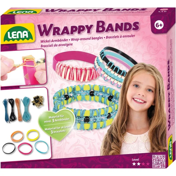 Lena 42652 Bastelset Wrappy Bands, Komplettset für mindestens 3 Wickelarmbänder mit 7 Silikonbänder in 5, Kordel in 4 Farben und 48 Fädelperlen, Schmuck Bastel Set für Kinder ab 6 Jahre, bunt – Bild 1