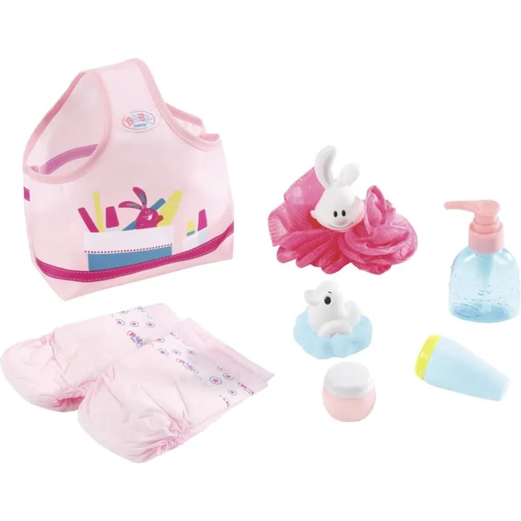 Zapf Creation 823606 BABY born Wash & Go Badeset bestehend aus Seifenspender, Cremetube, Puderdose, Schwamm, Windeln, Badeente und Tragetasche, Puppenzubehör, 8-teilig