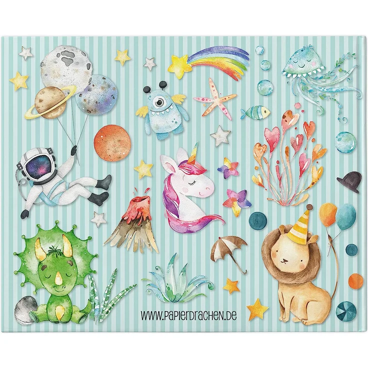 Papierdrachen Hochwertiges Freundebuch für Kinder - Kindergartenfreunde - Türkis - Poesiealbum mit Astronaut, Zirkusmotiven & Dino - für 27 Freunde - buntes kindgerechtes Design – Bild 2