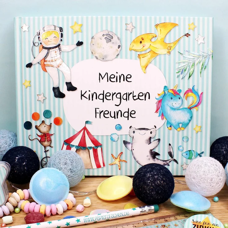 Papierdrachen Hochwertiges Freundebuch für Kinder - Kindergartenfreunde - Türkis - Poesiealbum mit Astronaut, Zirkusmotiven & Dino - für 27 Freunde - buntes kindgerechtes Design – Bild 7