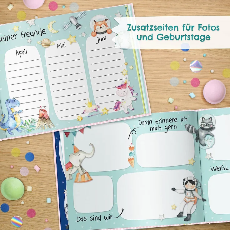 Papierdrachen Hochwertiges Freundebuch für Kinder - Kindergartenfreunde - Türkis - Poesiealbum mit Astronaut, Zirkusmotiven & Dino - für 27 Freunde - buntes kindgerechtes Design – Bild 5