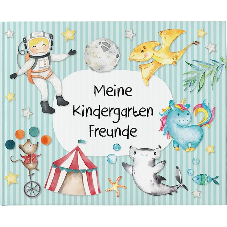 Papierdrachen Hochwertiges Freundebuch für Kinder - Kindergartenfreunde - Türkis - Poesiealbum mit Astronaut, Zirkusmotiven & Dino - für 27 Freunde - buntes kindgerechtes Design – Bild 1